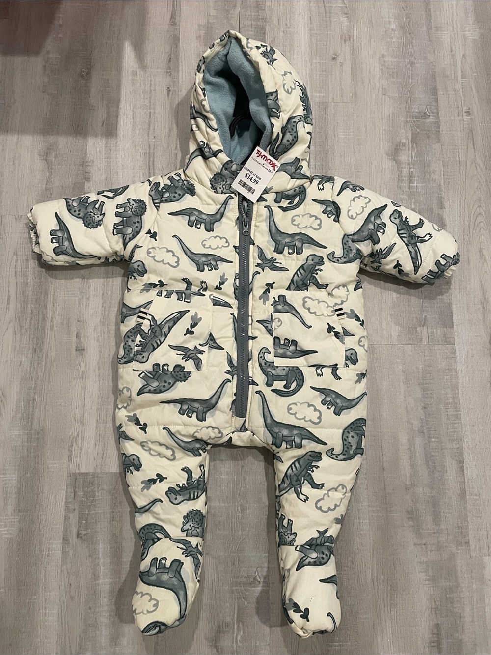 Baby Hooded Dino Print Puffer One-Piece - Cream & Teal